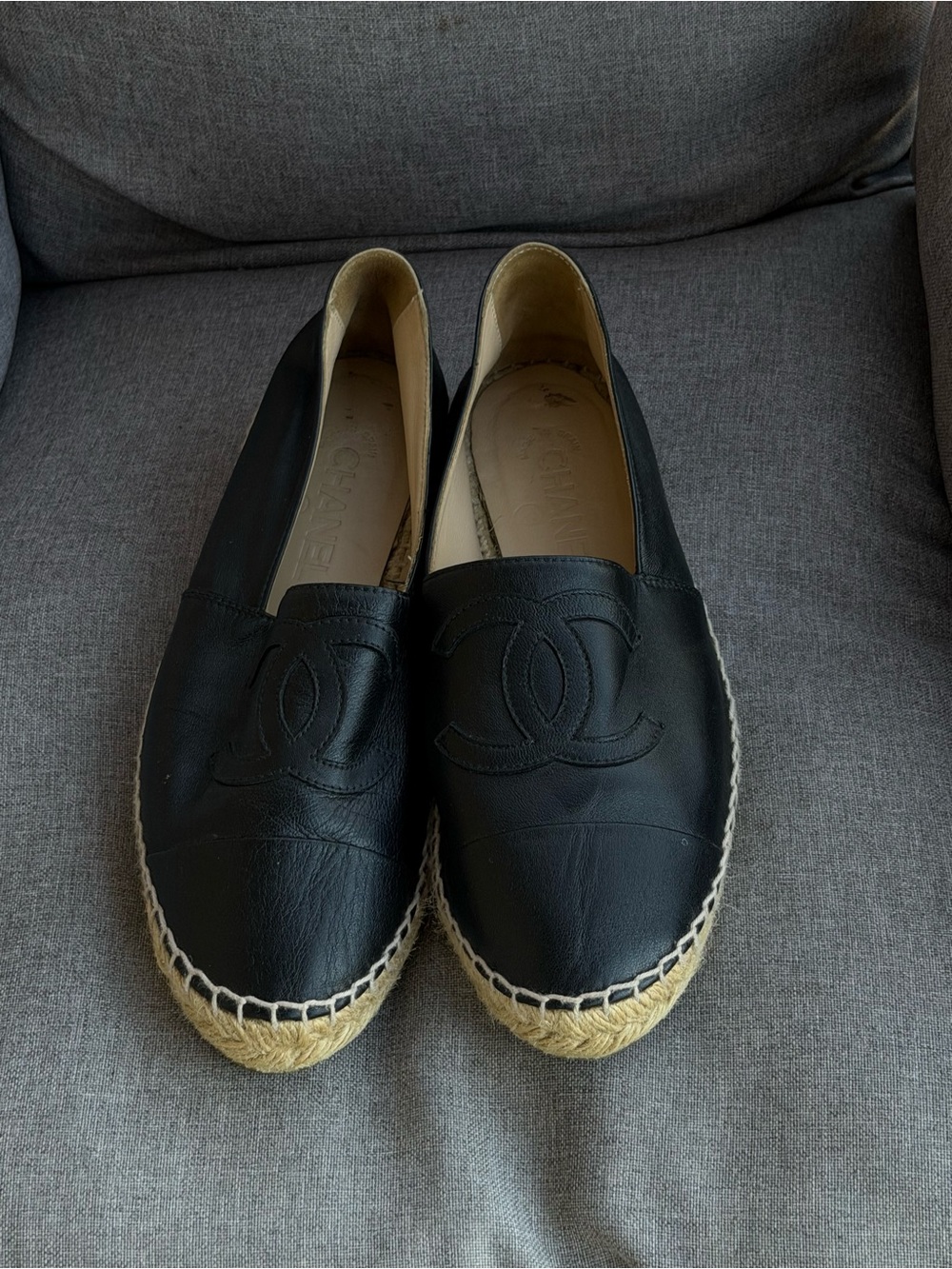 CHANEL Black Leather Espadrille Flats with Jute Trim